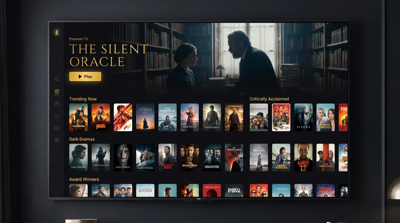 IPTV Balkan TV video-on-demand interface with hundreds of movie and series posters in an elegant dark menu